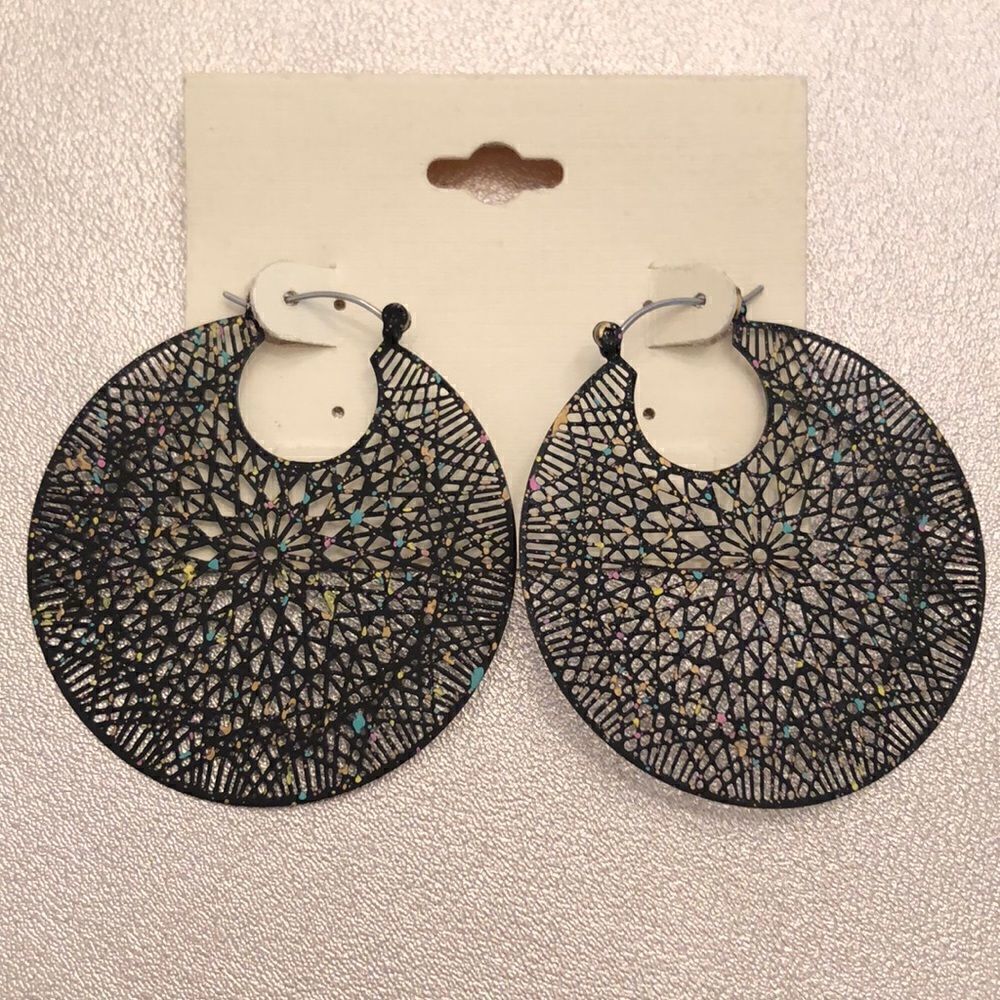 Black Filigree Hoops | Black with Multicolored Flecks | 2” Diameter